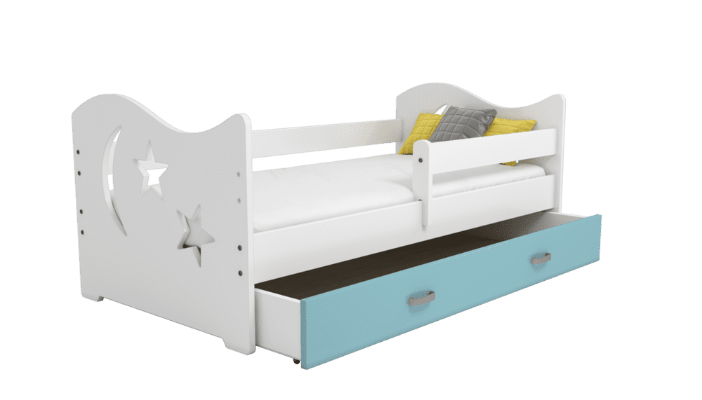 eoshop Detská posteľ Miki 80x160 B1, biela / modrá + rošt, matracu, úložný priestor